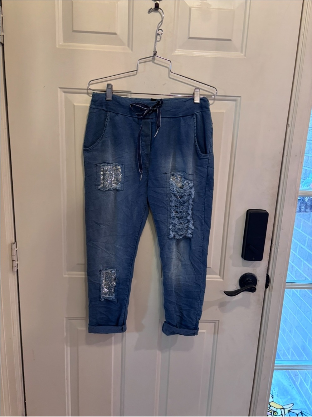 Venti6 Blue Distressed Boyfriend Jeans with Drawstring Waist - Picture 2 of 6
